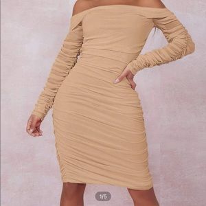 Off shoulder ruched mesh body on dress